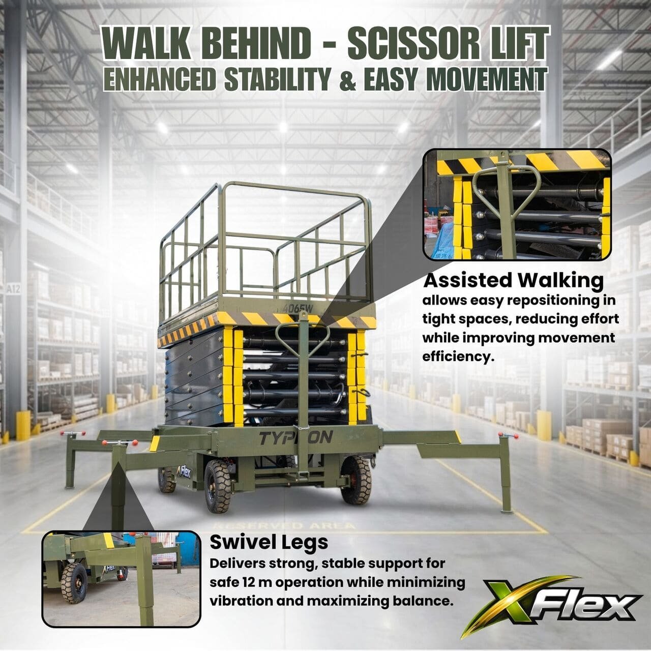 TYPHON xFlex 4065W Walk Behind Scissor Lift 2.7 Ton with Assisted Walking, Manual outriggers of 40 ft lifting Height & 110V Electric