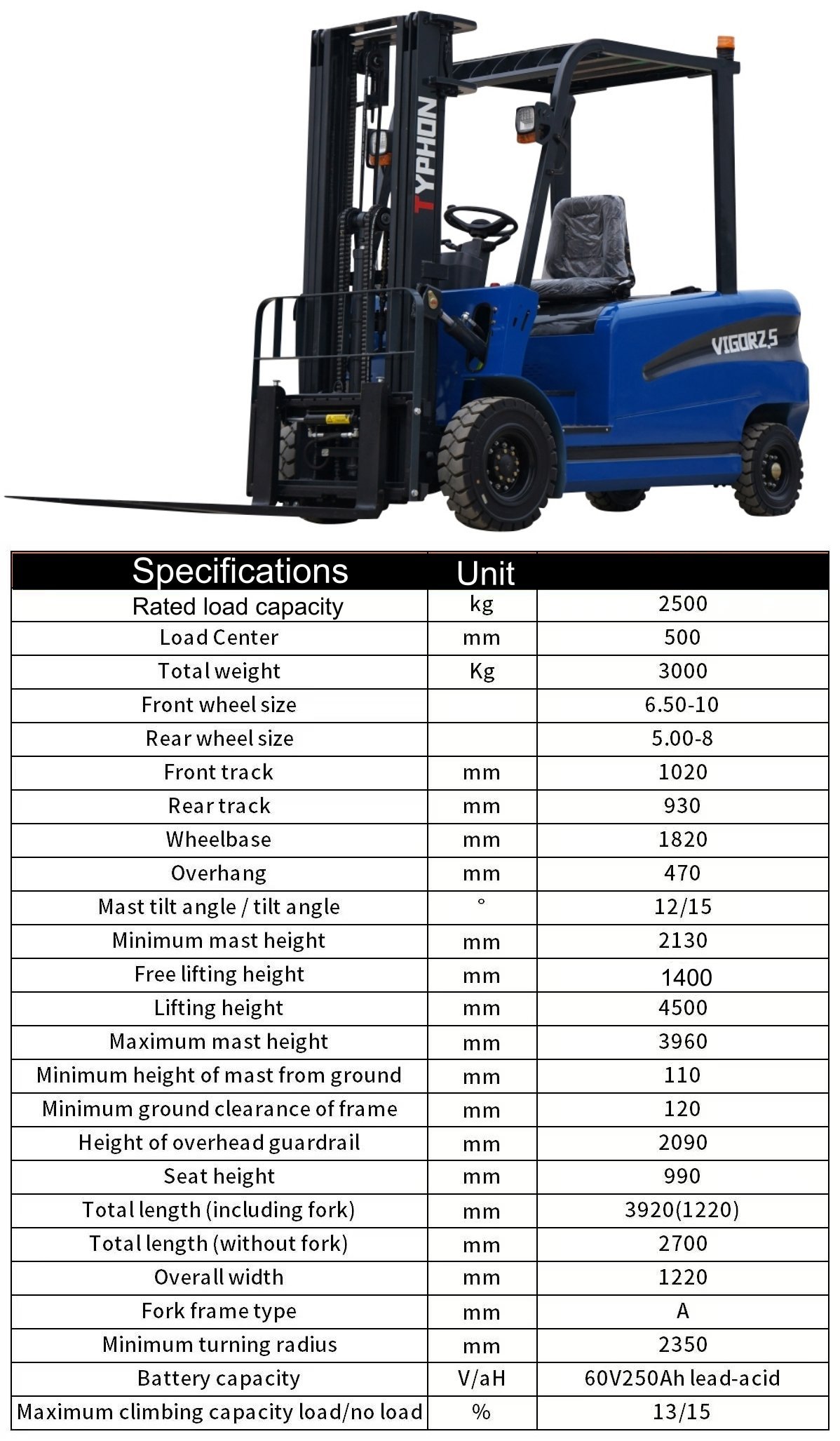 New 2025 TYPHON VIGOR 2.5 Blue Electric Forklift 2.5 Ton Lifter Lift Truck Jitney Hi-Lo