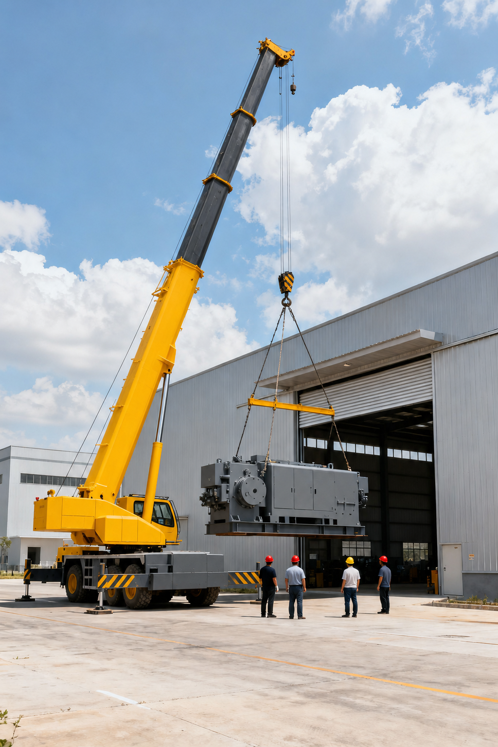 Crawler mobile crane with tracked undercarriage and long hydraulic boom for heavy lifting work