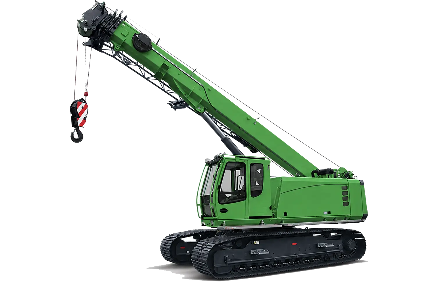 Green mobile crawler crane lifting equipment for construction and heavy-duty job-site work